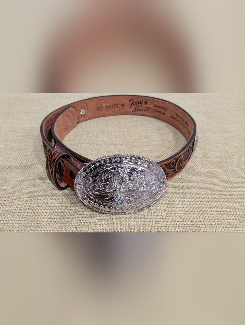 Tony Lama Kids Western Brown Leather US Flag Embossed Silver Buckle & Studs 7/21